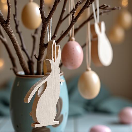 Decorazioni pasquali in legno dipinte a mano, raffiguranti coniglietti e uova, appese a rami secchi in un vaso vintage, con un'illuminazione calda che ne esalta i colori.