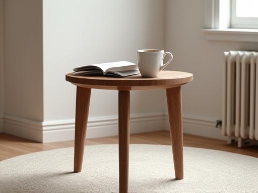 Tavolino di design moderno in legno di noce con gambe affusolate, posto su un tappeto chiaro in un ambiente minimalista, con una tazza di caffè e un libro.