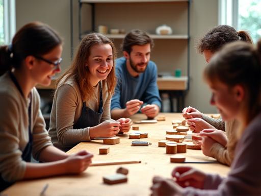 Un gruppo di partecipanti sorridenti e concentrati attorno a un tavolo da lavoro in legno, mentre creano piccoli oggetti durante un workshop di artigianato, con attrezzi e pezzi di legno sparsi.
