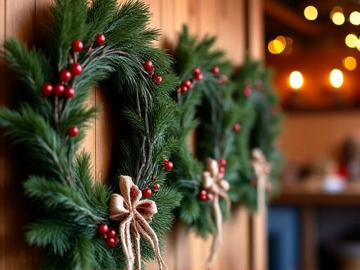 Ghirlande natalizie artigianali realizzate con rami di pino, bacche rosse e nastri in iuta, appese su una parete di legno rustico in un laboratorio illuminato.