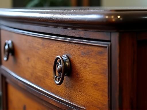 Un vecchio comò in legno scuro a metà del processo di restauro, con una parte già levigata e l'altra ancora da lavorare, simbolo di rinascita.